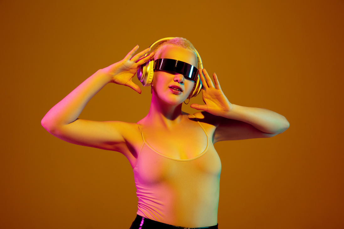Portrait of Young Caucasian Woman on Brown Background with Copyspace, Unusual and Freaky Appearance